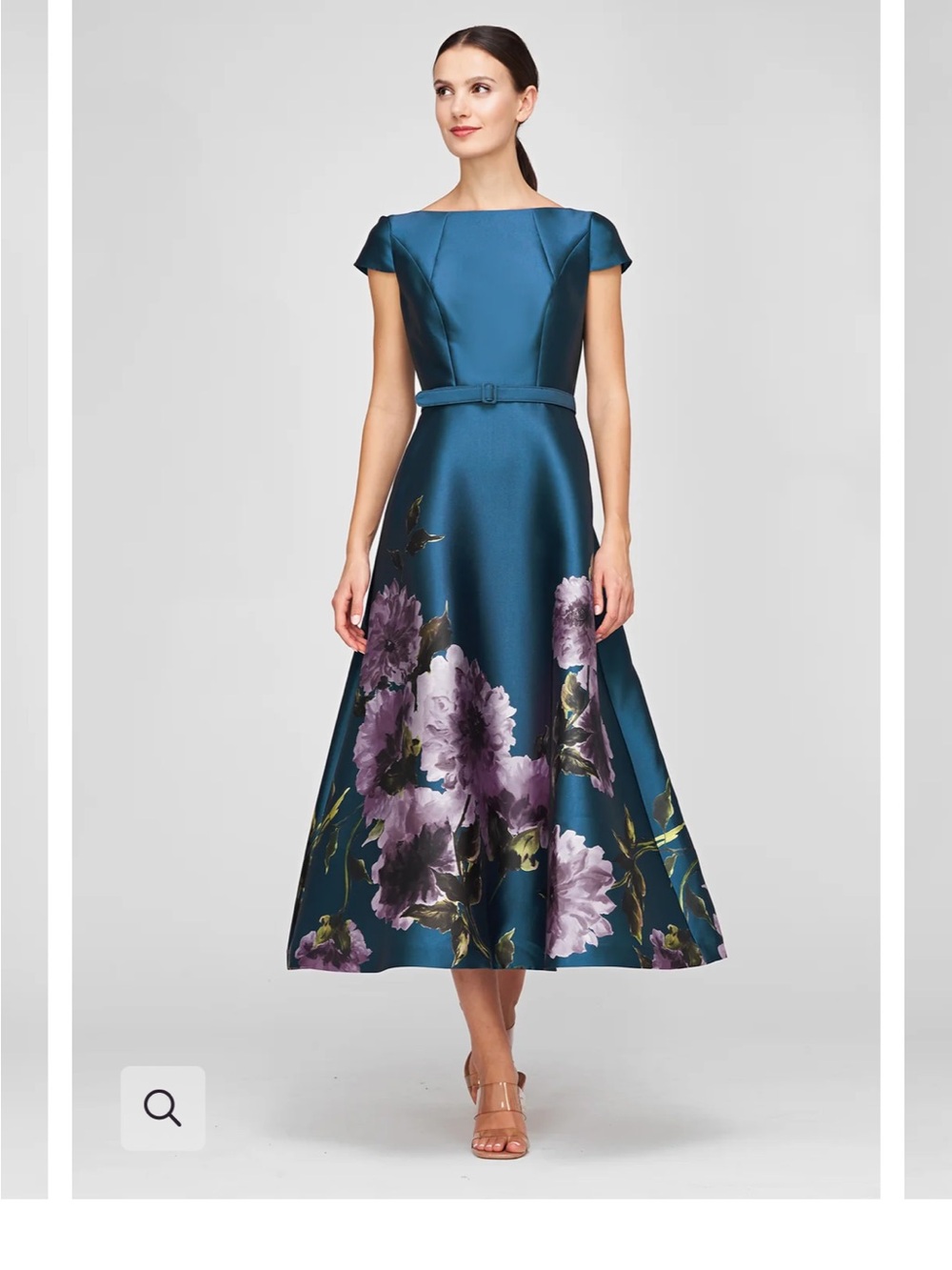 Kay Unger Teal Satin Midi Dress with Purple Floral Print Accents